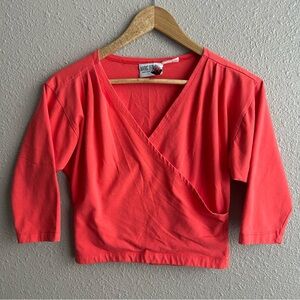 Hang Ten Vintage 90’s Coral Cropped V-neck wrap 3/4‎ shirt Made in USA